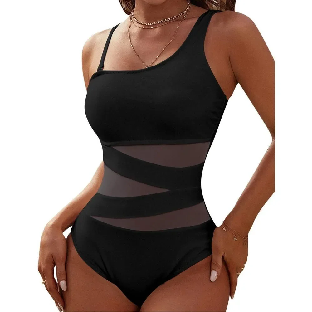 Black One Shoulder One Piece Swimsuit Mesh Cut Out Slimming S